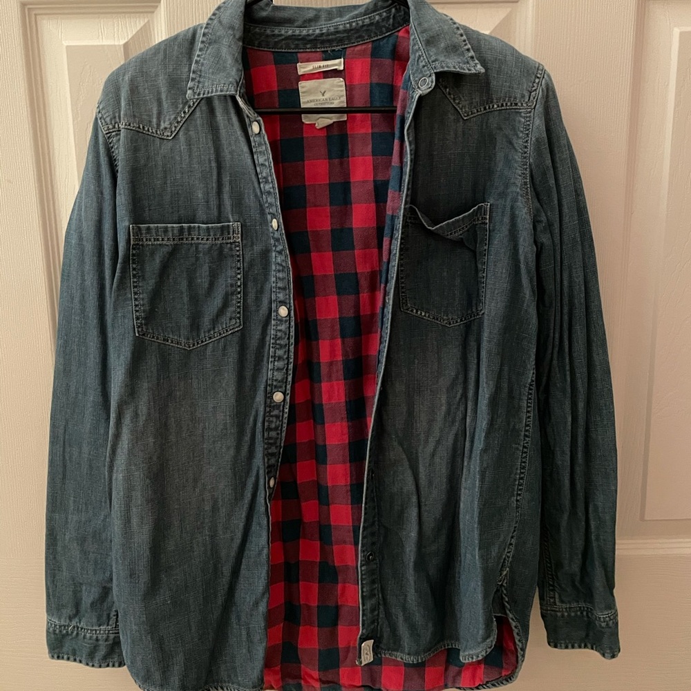 Denim jacket/blouse with plaid underneath